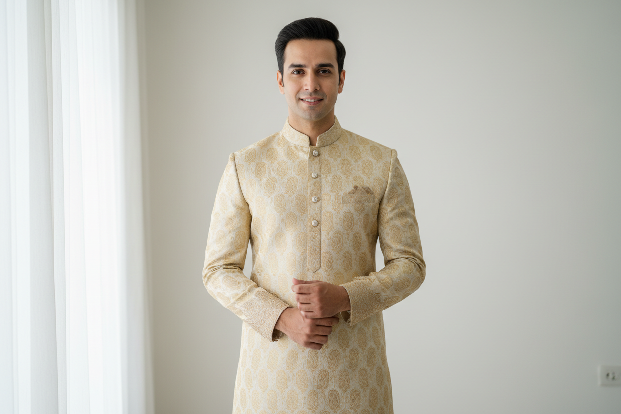 a pakistani man waering Gul Ahmad clothes